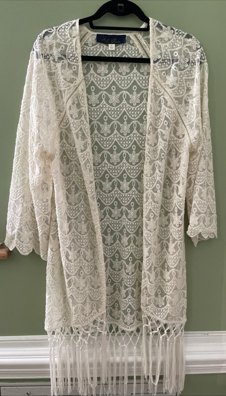 Blue Rain Duster Kimono Womens Large Ivory Lace Boho Fringed Festival Wear